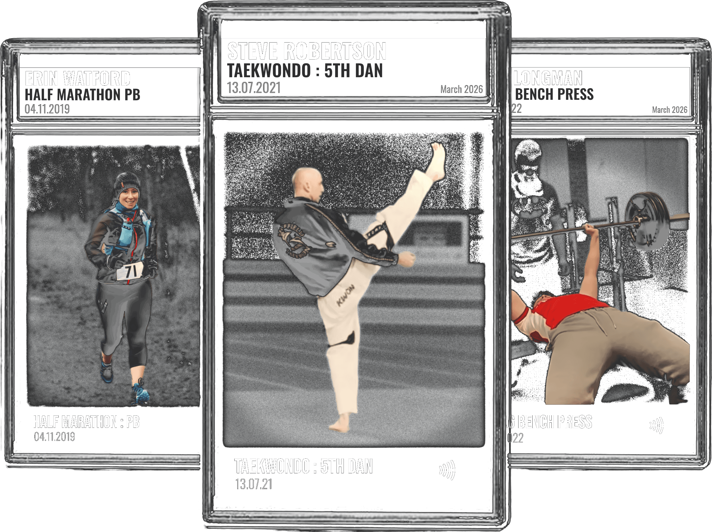 STNDOUTS moment cards for a half marathon PB, a taekwondo 5th dan grading, and a bench press PB